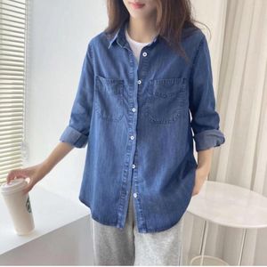 Kadınlar Kamarları Kore Moda Yumuşak Denim Gömlek Kadın Bahar Sonbahar 2023 Uzun kollu Lyocel Gömlek Kadın Vintage Dönüşü Jean Bluz Üstleri