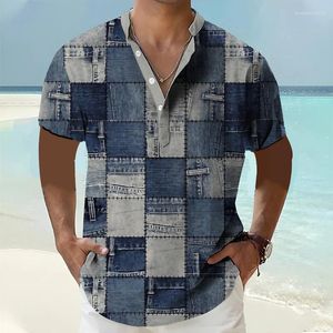 Camisas casuais masculinas Camisa vintage para homens Patch Pattern Estampa 3D Engraçado T Verão Manga Curta Roupas Grandes Camisas Botões