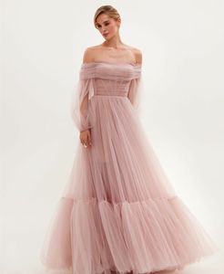 Elegant Long Sleeve Pink Tulle Prom Dresses A-Line Jewel Neck Lace Up Back Robe De Soiree Floor Length Formal Party Dresses for Women
