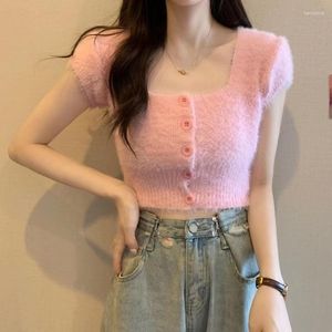 Frauen Strick Y2k T-shirt Shirts Für Frauen Quadrat Kragen Kurzarm Crop Tops Schlank Sexy T-shirts Gestrickte Koreanische T-shirts 2023 Ropa Mujer