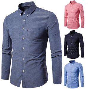 Camisas sociais masculinas masculinas de cor sólida, gola virada para baixo, camisa de manga comprida, botão fino, bolso, top de trabalho