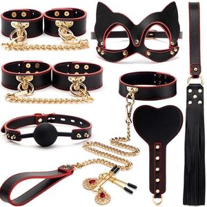 Adult Toys High quality BDSM Genuine Leather Bondage Set Fetish Handcuffs Collar Gag Whip Erotic Sex Toys For Women Couples Adult Games 230804