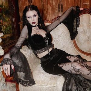Casual Dresses Sexy Goth Lace-up Long Flared Sleeve T-Shirts For Women Vintage Black Velvet Lace Trim Corset Crop Tops Y2K Grunge Streetwear