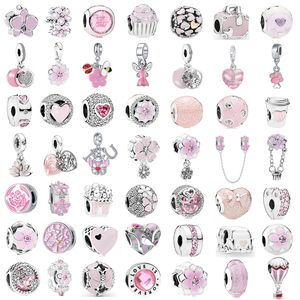 925 Silver Fit Pandora Charm Pink Flower Backpack 풍선 패션 매력 세트 펜던트 DIY Fine Beads Jewelry, 여성을위한 특별한 선물