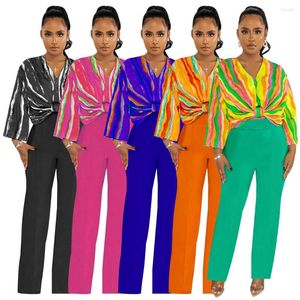 Kvinnors tvåstycksbyxor 2023 Set Africa Clothes African Fashion Flower Print Suit Top Trousers Super Elastic Party for Women Outfit Beach