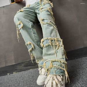 Мужские джинсы 2023 Осенняя уличная одежда Мужские джинсовые брюки мода разорванные Deisgn Patchwork Straight Men Y2K в стиле винтаж Pure Color Jean Pant