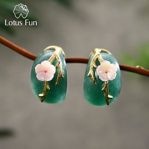 Stud Lotus Fun Real 925 Sterling Silver Natural Aventurine Original Handgjorda fina smycken Plum Blommaörhängen för kvinnor 230804