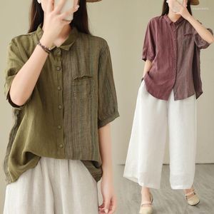 Kvinnor BLOUSES DESIGNER Fashion Color Matching Cotton Linen kortärmad skjorta för kvinnor Summer Loose Thin Stripes Stitching Chic Tops