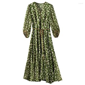 Abiti casual 2023 Stampa verde Fiore Maxi per donna Poliestere A-LINE Manica a lanterna a metà polpaccio Scollo a V Vestidos Femininos Frete