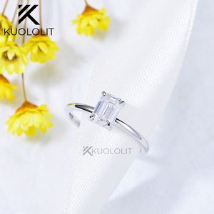 Wedding Rings Kuololit Ring for Women Solid 14K 10K White Gold 1CT Emerald Cut DVVS1 Solitaire Ring for Engagement Christmas Gifts 230803