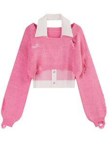 Women's Sweaters Pink Y2k Women's Sweater Long Sleeve Crop Tops Fake Two-Piece Sexy Halter Baggy T-shirt Spring Harajuku Kawaii Sweater Pullovers 230803