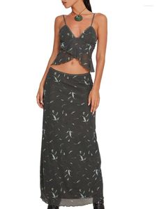 Casual Dresses Women S Boho Floral Print Off Axel Crop Top och Maxi kjol set för Summer Beach Party Vacation