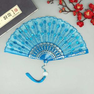 Produtos de estilo chinês bordado lantejoulas leque dobrável estilo chinês lolita dança leque de mão com pingente presente fantasia decoração de casamento