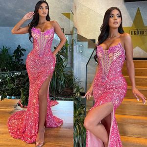 Sexy Rosy Pink Mermaid Evening Dresses Sequins Beads Strapless Formal Party Prom Dress Split Red Carpet Long Dresses for special occasion