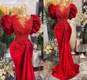 Tamanho grande árabe Aso Ebi Vermelho Sereia Renda Vestidos de Baile Ruched Bufante Mangas Curtas Frisado Decote Transparente Veludo Vestidos De Noite Formais Vestido De Segunda Recepção
