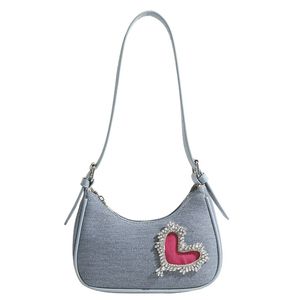 Novo designer jeans de lona sacolas strassor amor saco de ombro de coração diamante design especial hobo queimando a tendência de moda de bolsa subma