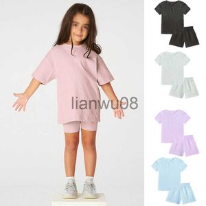 Kleidungssets-Kollektion für kleine Kinder, Baby-Mädchen-Kleidung, 2-teiliges Trainingsanzug-Set, übergroße Kurzarm-Baumwoll-T-Shirt, Shorts, Sportbekleidung, Leggins x0803