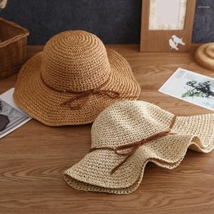 Chapéus de aba larga femininos Chapéu de palha Decoração com alça de laço Respirável Decorativo Cor sólida Protetor solar Dobrável Férias de verão Lady Beach Cap