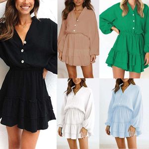 Womens Long Sleeves Lantern V Neck Buttons Ruffled Layered Solid Color Rocking Mini Fashionable Dress