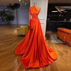 Coral Satin Elegant Formal Prom Dresses Pleated One Shoulder Long Skirt Women Second Reception Party Gowns Arabic Aso Ebi A Line Evening Formal Occasion Dress CL2664