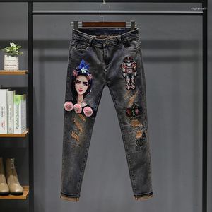 Kvinnors jeans broderi retro applikationer kvinnor hög midja lös rak byxa koreanska denim byxor lady streetwear vår höst