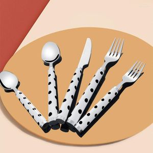 Servis uppsättningar rostfritt stål servar svartvit polka dot western bordsartikat dessert gaffel sked flatvaror kök redskap