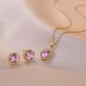 Necklace Earrings Set Female Pink Zircon Round Stud And Pendant Clavicle Necklaces For Women Gold Color Bridal Wedding Birthday Jewlery Sets