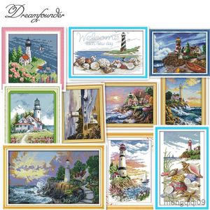 Kinesiska stilprodukter Lighthouse Cross Stitch Sea Side Count Printed Canvas Fabric Stitching Brodery DIY Handgjorda handarbeten R230804