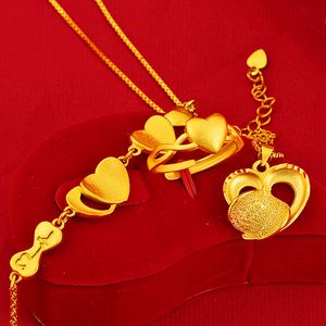 plating gold Women's love heart Ring Necklace Bracelet Three Piece Set Wedding Jewelry Set