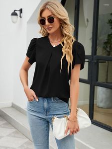 Kvinnors T-skjortor Casual Loose Women Summer Solid Shirt Top 2023 V-ringning veckad ärm Blusa Petal ärmskläder