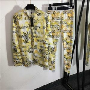 Designer Tracksuit 2 Piece Set Women Suit Vintage Floral Letter Printed Lapel Long Sleeve Shirt Stretchy Skinny Bottom Pants Lady Workout Clothes