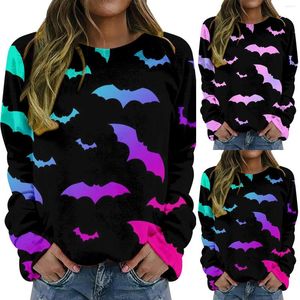 Moletons femininos com capuz para mulheres Halloween Gradient Bat Print Casual Cotton Blend Sweatshirt Distressed Tees Ladies