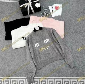 Miu Women's Knitted Sweaters Designer Sweater Embroidery Long SleevePullover Jumprt Female Pink Gray Tops