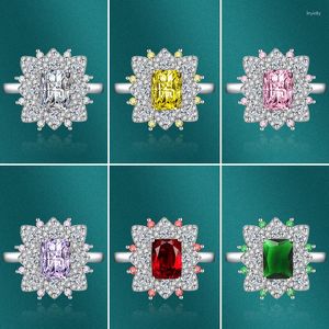 Cluster Rings Fashion Flower Rectangle Open Ring Exquisite Colored Rectangular Zircon Women Versatile Romantic Engagement Jewelry Gift