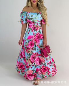 Abiti casual con spalle scoperte, maniche a sbuffo, stampa floreale, maxi abito da donna, senza spalline, scollo a barchetta, sexy, lungo, allentato, estate, primavera, fiore