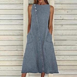 Abiti casual Western Jean Abiti estivi per le donne 2023 Collo alto abbottonato senza maniche Midi Denim Dress Abbigliamento donna Vestidos