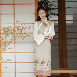 Ethnic Clothing Winter 2023 Fur Collar Thickened Improved Cheongsam Large Sleeves Elegant Dignified Girls Qipao Chinese Vintage Dress For