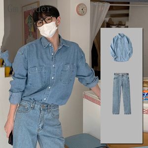 Mens Tracksuits Hong Kong Style Denim Shirt Set Men långärmad jacka ss löst passande jeans unisex mångsidig blus denin byxor 2 st 230804