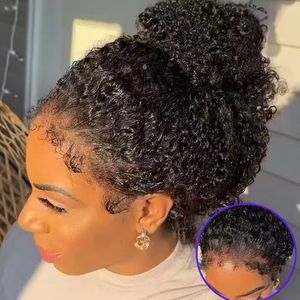 Realistic curly edge natural scalp hairline kinky curly short full lace human hair wig 360 12-24inch pre plucked high ponytail bun hot hairstyle