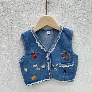 ジャケットブランドベビーガールズデニムベストかわいいレース刺繍コットンジャケットウエストコート子供の服オーバーウェア