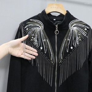 Kvinnorjackor Metalkedja Fryrad svart denimjacka Shiny Spring Fall Tassels Floral Brodery Sequined Jeans Coat Slim Short Cardigan