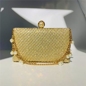 Sacos de noite grade strass para mulheres bling noiva embreagens pérola metal corrente alça bolsa elegante cocktail festa bolsa de ombro 230803