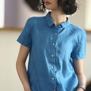 Kvinnors blusar Summer Arts Style Women Short Sleeve Loose Turn-Down Collar Blue All-Matched Casual Single Breasted Cotton Linen Shirts