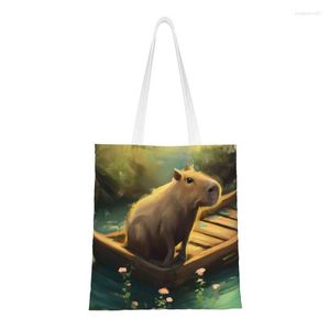 Shopping Bags Recycling Cartoon Capybara Bag Women Canvas Shoulder Tote Portable Grocery Shopper