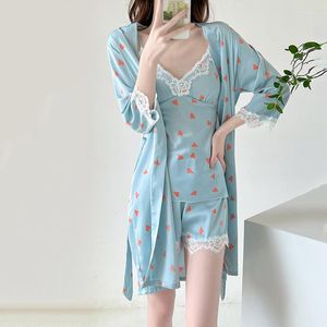 Women's Sleepwear Blue 3PCS Pajamas Suit Women Patchwork Lace Satin Nightwear Home Clothing Print Sexy Sleep Set Homewear Intimate Lingerie