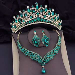 Bröllopsmycken set Green Crystal Crown Necklace Earring Luxury Bridal For Women Prom Tiaras Bride Dubai 230804
