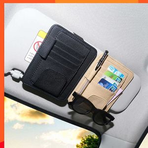 Novo organizador de viseira de sol do carro multi-bolso couro óculos de sol titular do cartão de armazenamento cartão ic óculos clipe pára-sol saco