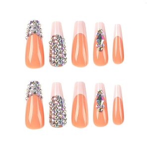 False Nails Orange Manicure With Rhinestone Decor Full Cover Square Artificial Nail Tips For Lovers And Beauty Bloggers