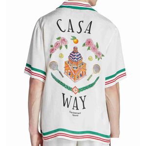 Koszulki męskie Casablanca designerka koszula 23ss Zamek Kwiaty Mężczyźni i kobiety biały jedwabny Twill Silk Krótkie rękawki Casablanc Drop dostawa DH4P8