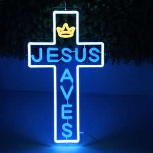 Decorative Objects Figurines Custom Jesus Cross Blue Neon Sign LED Cross Shaped For Beer Bar Handmade Real Glass Decorate Home Wall Room Decor 230804
